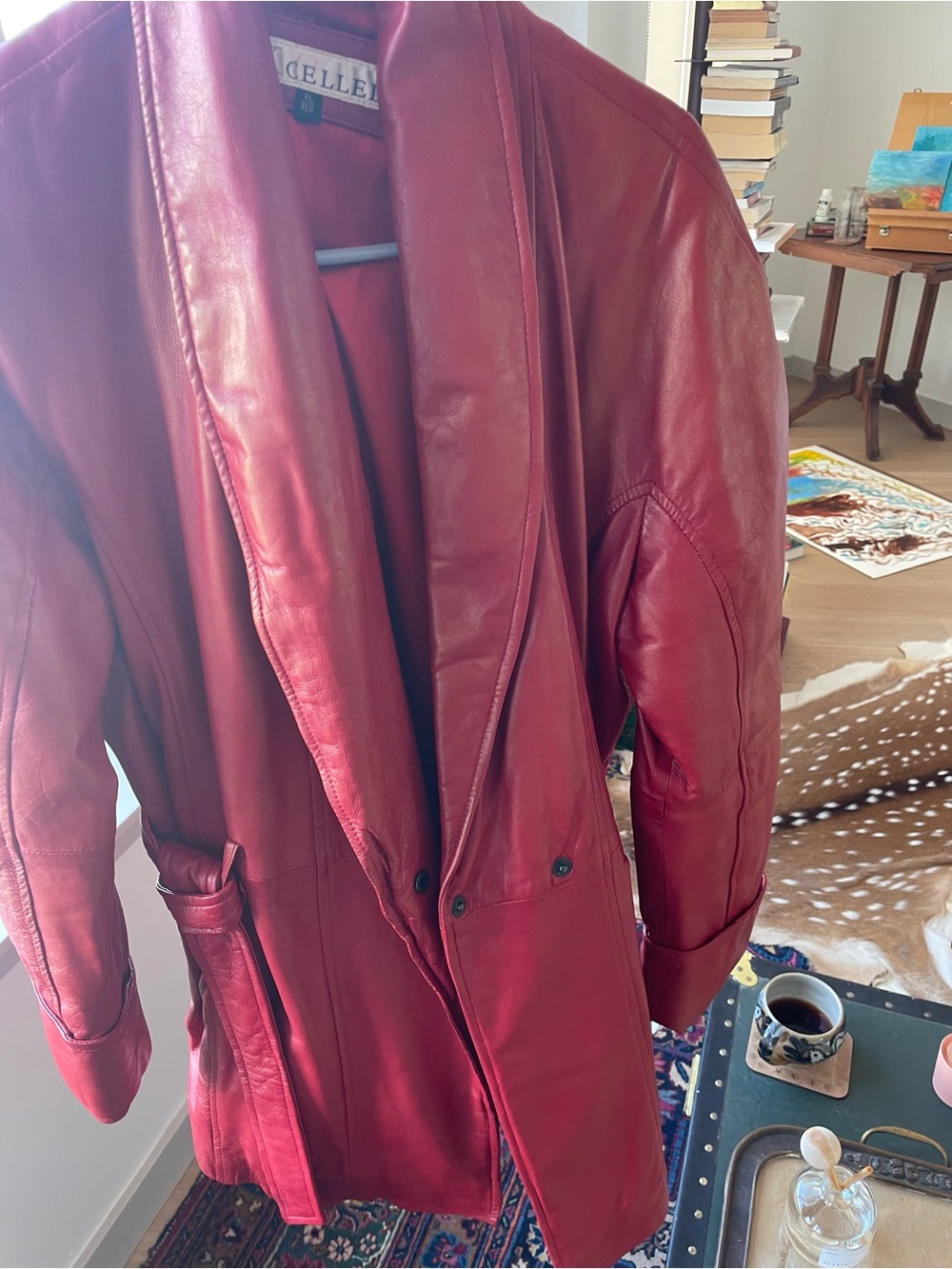 Elle Red Leather Trench Coat with Belted Waist